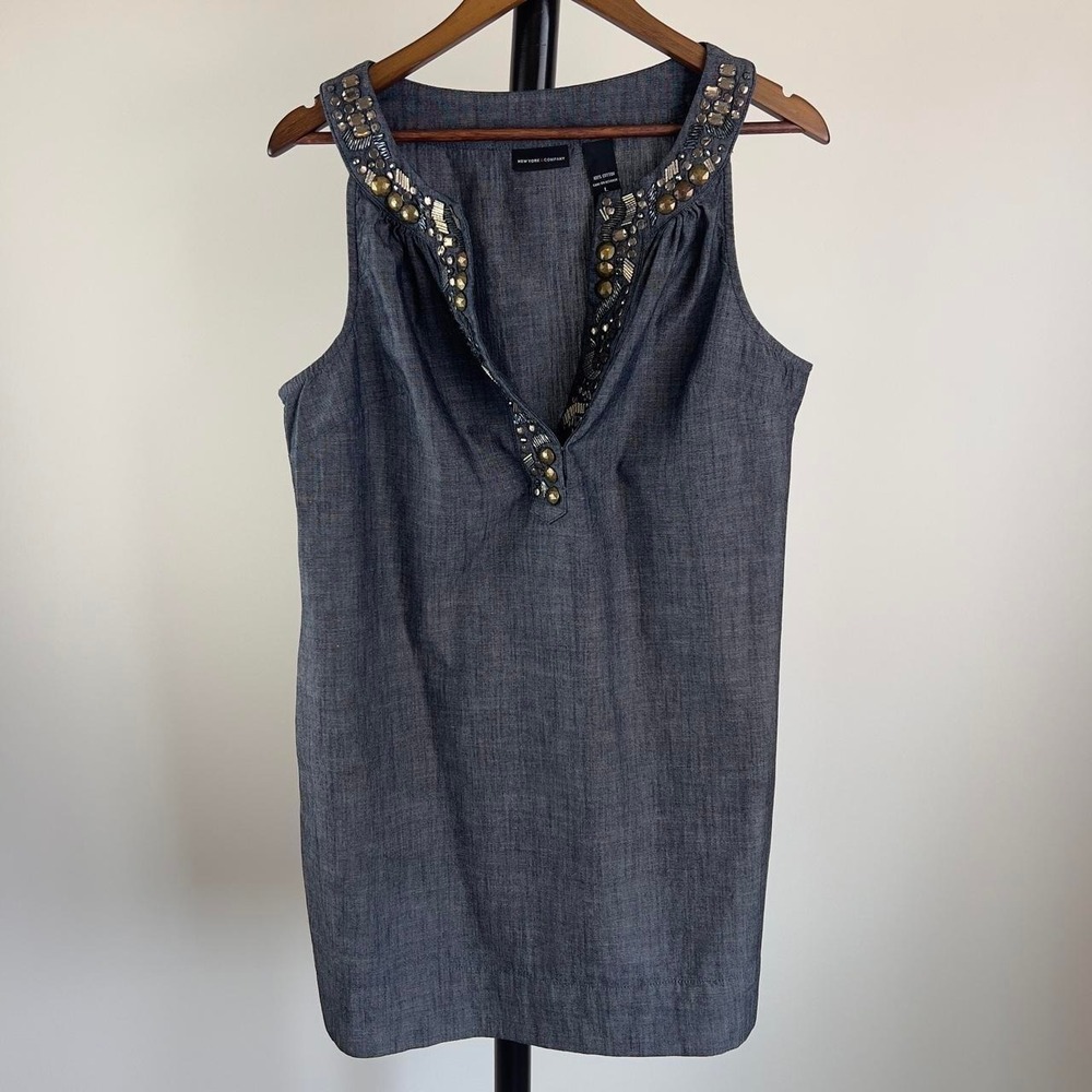 New York & Company Boho‎ Embellished Chambray Cotton Shift Dress Large